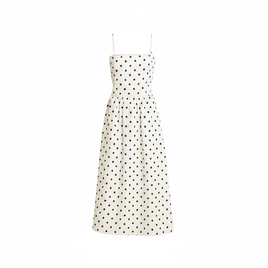 Damen Midikleid mit Polka Dots | Schwarz-Weißes A-Linien Kleid | Spaghettiträger | Retro Sommerkleid