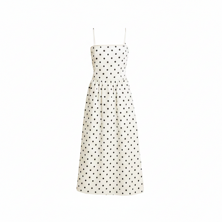 Damen Midikleid mit Polka Dots | Schwarz-Weißes A-Linien Kleid | Spaghettiträger | Retro Sommerkleid