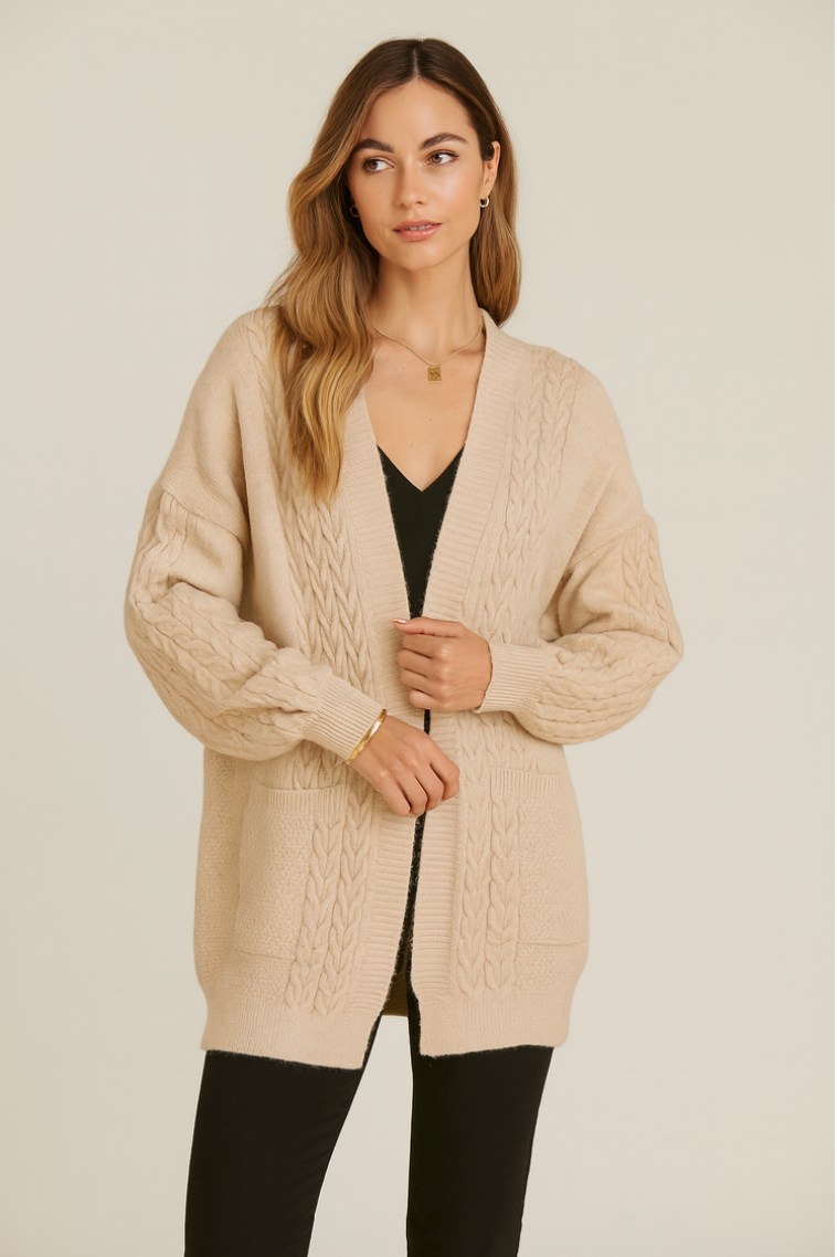 Damen Longcardigan mit Zopfmuster | Oversize Strickjacke mit Taschen | Offene Strickjacke in Khaki