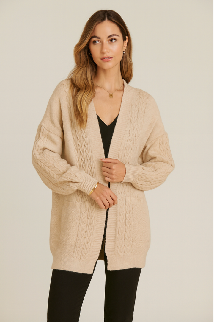 Damen Longcardigan mit Zopfmuster | Oversize Strickjacke mit Taschen | Offene Strickjacke in Khaki