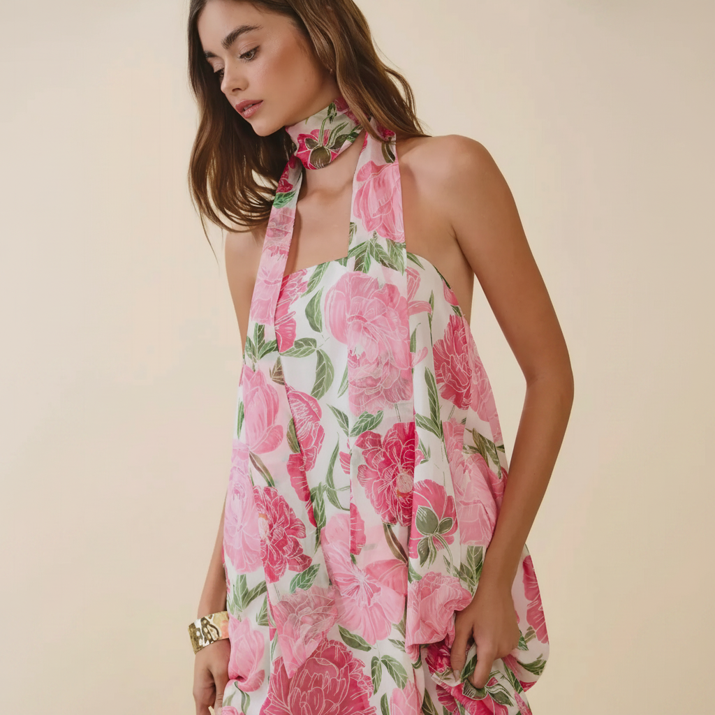 Rosé Garten-Schal MaxiDamen Maxi-Kleid mit Blumenmuster &amp; Neckholder | Luftiges Sommerkleid mit Schal-Detail | Fließende PassformKleid