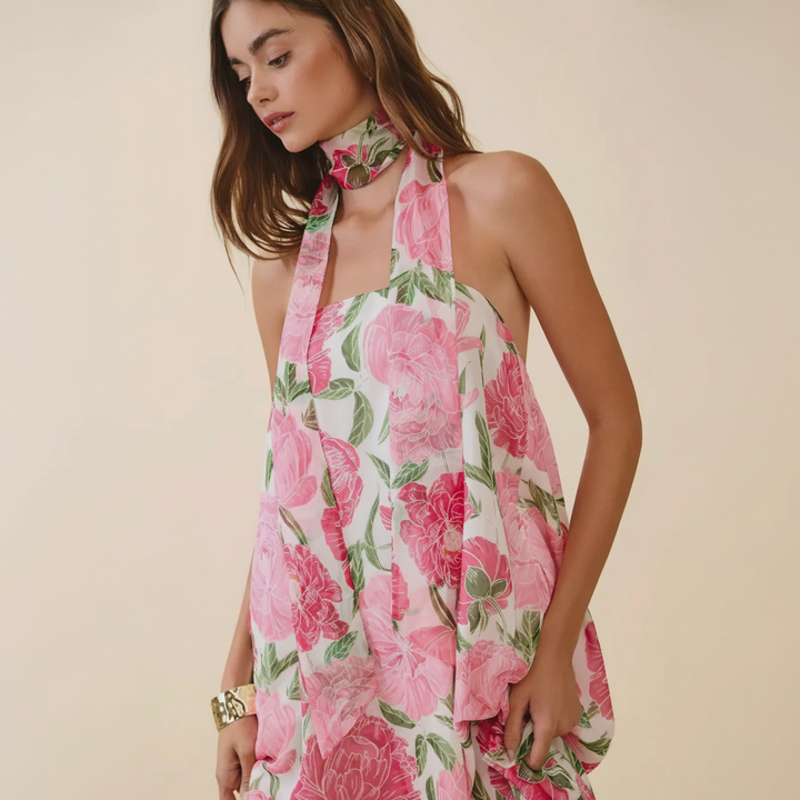 Rosé Garten-Schal MaxiDamen Maxi-Kleid mit Blumenmuster &amp; Neckholder | Luftiges Sommerkleid mit Schal-Detail | Fließende PassformKleid