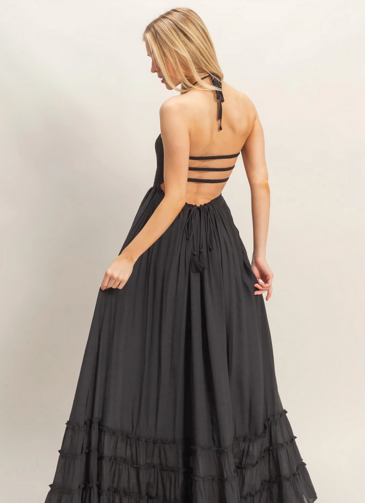 Damen Maxi-Kleid mit Smok-Oberteil | Halterneck Sommerkleid mit Volantsaum | Luftiges Freizeitkleid