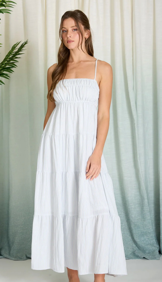 Damen Maxi-Kleid mit Smok-Oberteil | Sommerkleid mit Spaghettiträgern &amp; Stufenrock | Luftiges Freizeitkleid