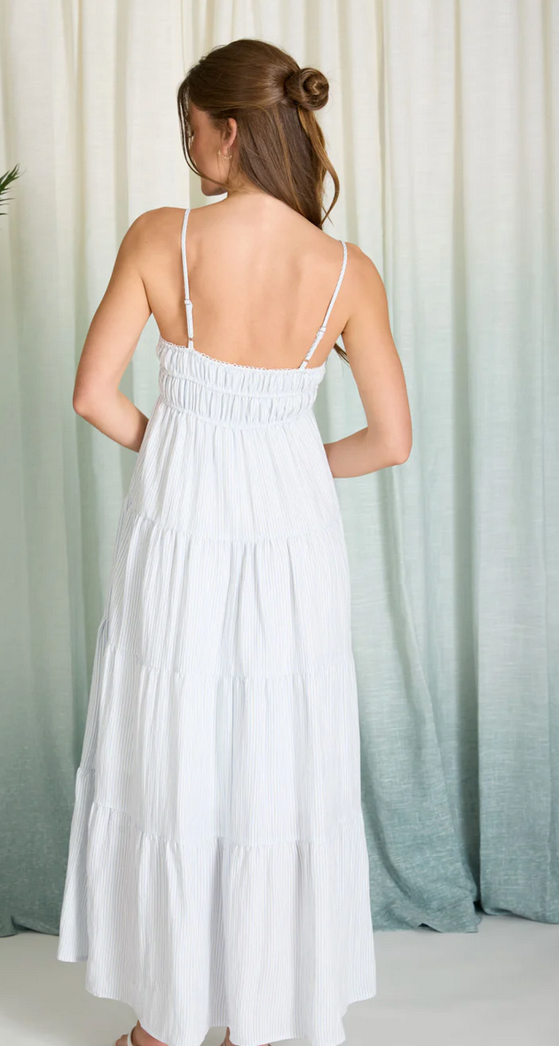 Damen Maxi-Kleid mit Smok-Oberteil | Sommerkleid mit Spaghettiträgern &amp; Stufenrock | Luftiges Freizeitkleid