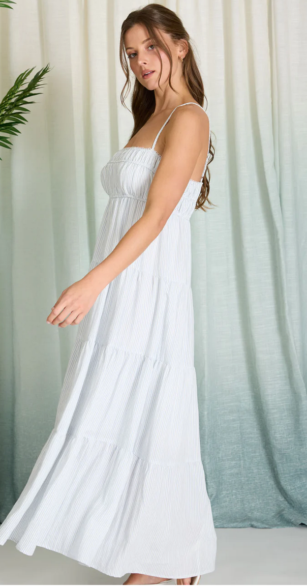 Damen Maxi-Kleid mit Smok-Oberteil | Sommerkleid mit Spaghettiträgern &amp; Stufenrock | Luftiges Freizeitkleid