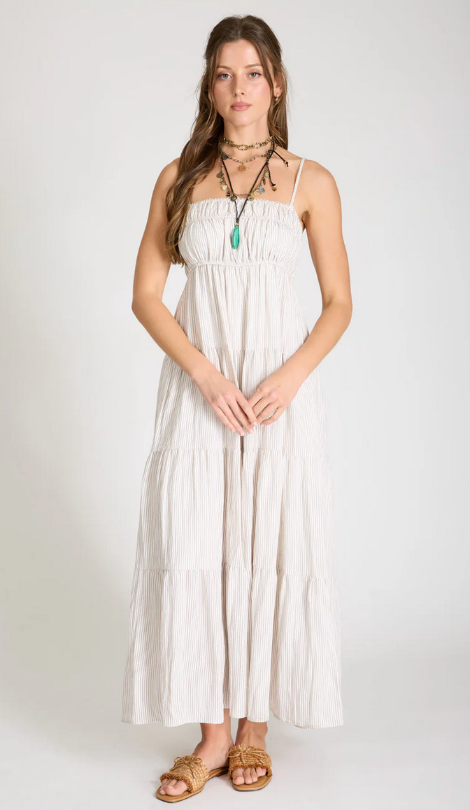 Damen Midi-Kleid mit Streifenmuster | Sommerkleid mit Smok-Oberteil &amp; Spaghettiträgern | Luftiges Freizeitkleid