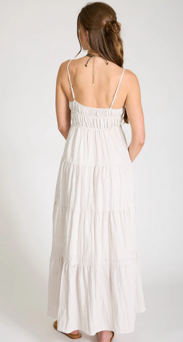 Damen Midi-Kleid mit Streifenmuster | Sommerkleid mit Smok-Oberteil &amp; Spaghettiträgern | Luftiges Freizeitkleid