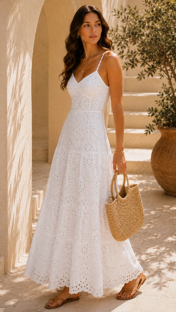 Damen Maxi-Kleid mit Lochstickerei | Sommerkleid mit V-Ausschnitt &amp; Spaghettiträgern | Luftiges Freizeitkleid