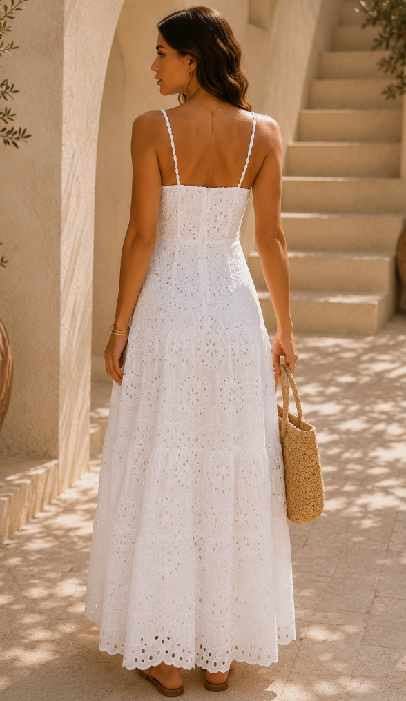 Damen Maxi-Kleid mit Lochstickerei | Sommerkleid mit V-Ausschnitt &amp; Spaghettiträgern | Luftiges Freizeitkleid
