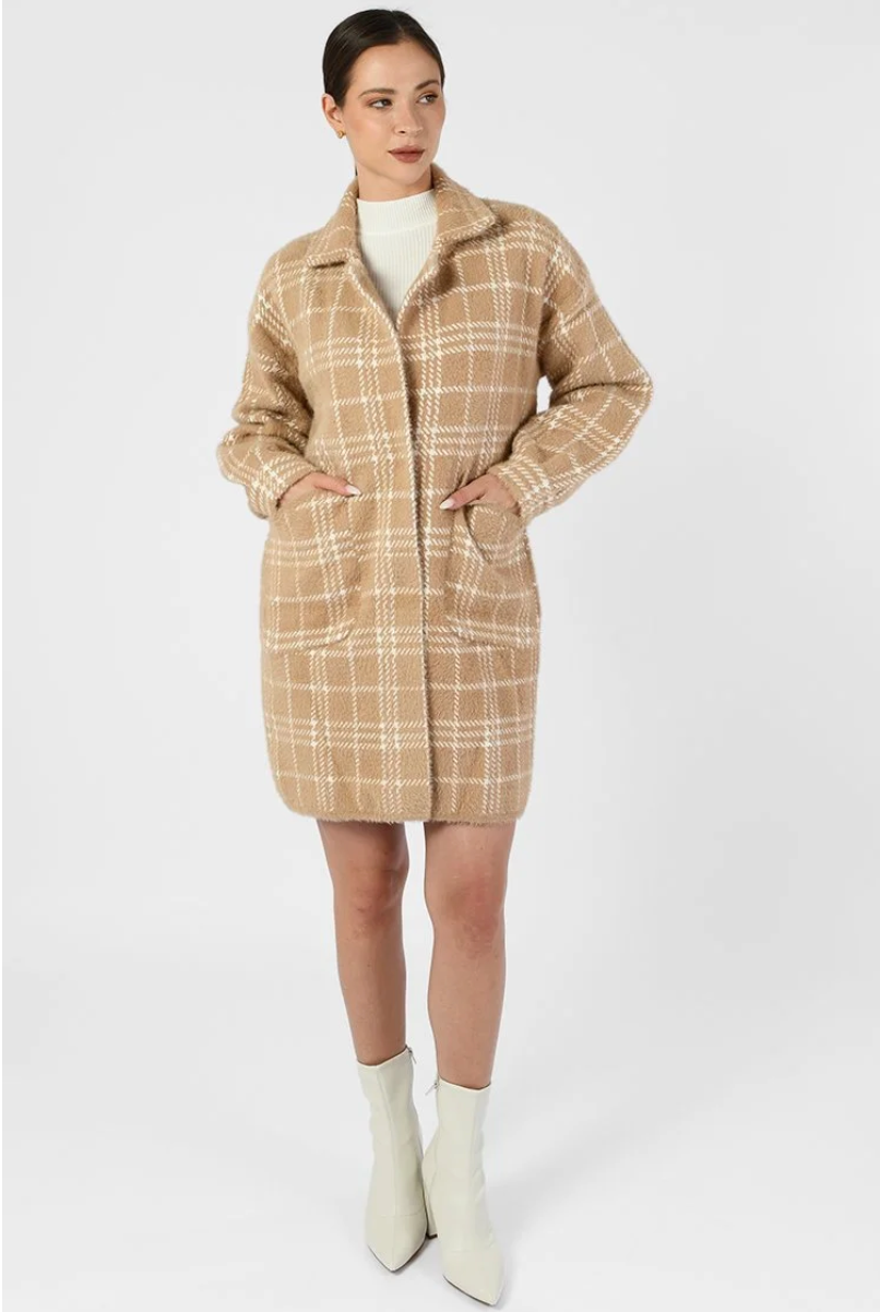 Damen Oversize Mantel mit Karomuster | Lange Übergangsjacke mit Taschen | Weiche Shacket in Einheitsgröße