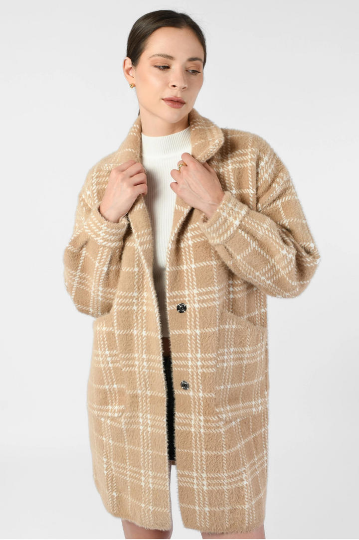 Damen Oversize Mantel mit Karomuster | Lange Übergangsjacke mit Taschen | Weiche Shacket in Einheitsgröße