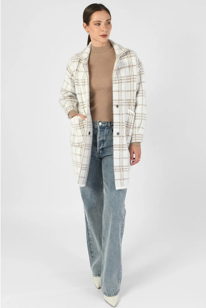 Damen Oversize Mantel mit Karomuster | Lange Übergangsjacke mit Taschen | Weiche Shacket in Einheitsgröße