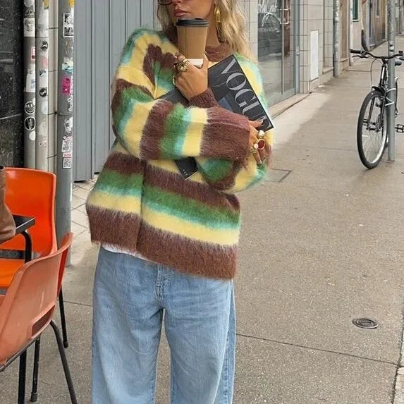 Damen Strickpullover mit buntem Streifenmuster | Weicher Rundhalspullover mit lockerer Passform und langen Ärmeln für Alltag und Freizeit