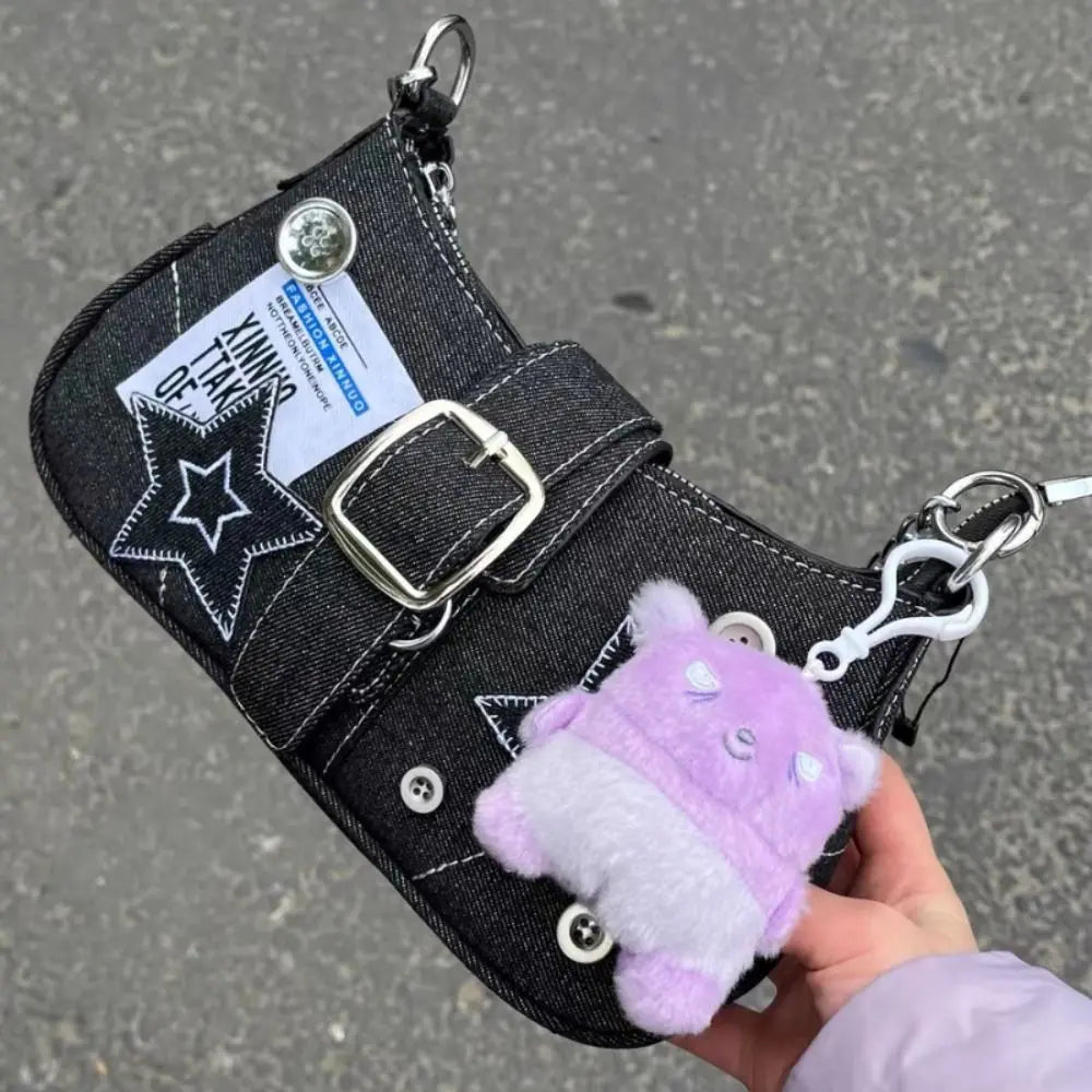 Damen Denim-Unterarmtasche mit Sternstickerei | Schwarze Schultertasche mit Kettenriemen | Streetstyle-Bag