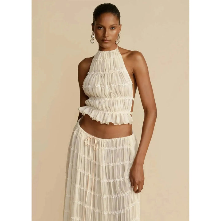 Damen Zweiteiler mit Neckholder Top &amp; Maxirock | Boho Sommer Set mit elastischem Bund | Luftiger Freizeit-Look
