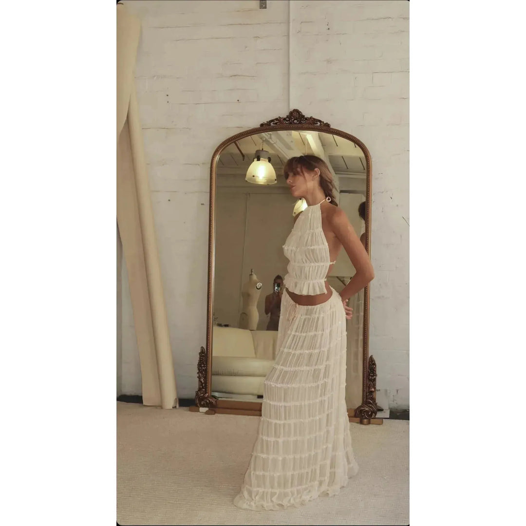 Damen Zweiteiler mit Neckholder Top &amp; Maxirock | Boho Sommer Set mit elastischem Bund | Luftiger Freizeit-Look
