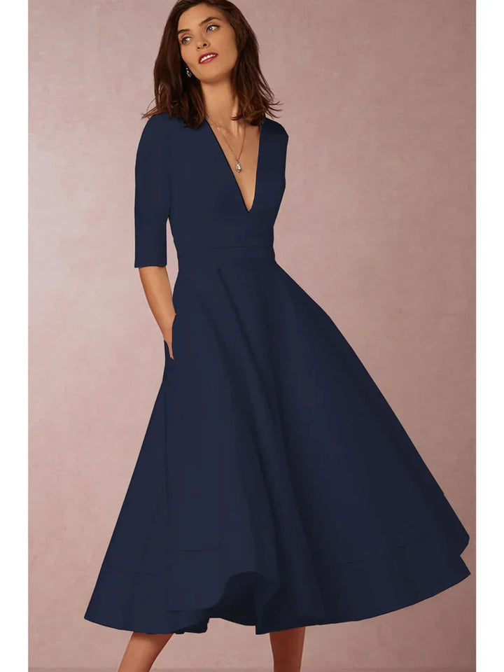 Damen A-Linie Midikleid mit tiefem V-Ausschnitt &amp; Taillenbetonung | 3/4-Ärmel | Schwingender Rock | S–3XL, Farbenwahl