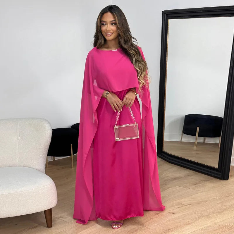 Damen Maxi Kleid aus Satin mit U-Boot-Ausschnitt | Fließendes Abendkleid mit Cape-Ärmeln | Elegante, lockere Passform | Größen S–XXL