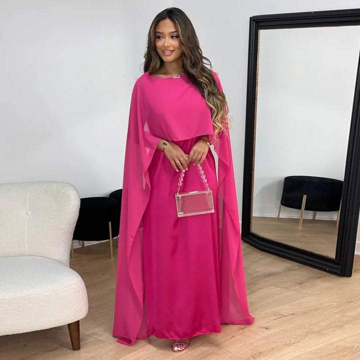 Damen Maxi Kleid aus Satin mit U-Boot-Ausschnitt | Fließendes Abendkleid mit Cape-Ärmeln | Elegante, lockere Passform | Größen S–XXL
