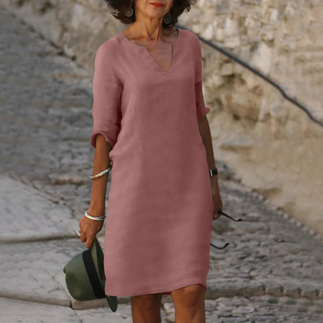 Damen Knielanges Kleid mit V-Ausschnitt | Luftiges Midikleid mit 3/4-Ärmeln | Gerade Passform | Größen S–3XL