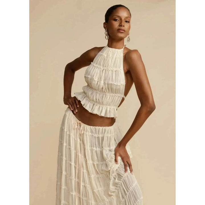 Damen Zweiteiler mit Neckholder Top &amp; Maxirock | Boho Sommer Set mit elastischem Bund | Luftiger Freizeit-Look