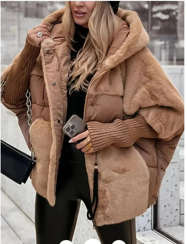Damen Winterjacke mit Kapuze | Warme Oversize-Jacke mit weichem Pelzkragen, Bündchen und praktischen Taschen für kalte Tage