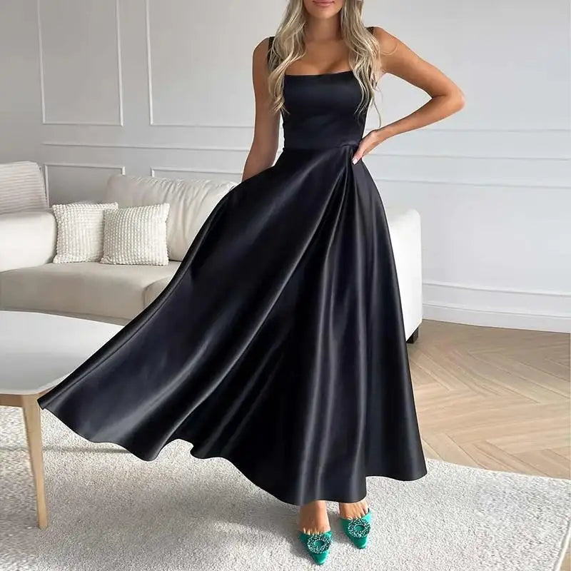 Midikleid in A-Linie mit Satin-Glanz | Quadratischer Ausschnitt &amp; Spaghettiträger | Fließender Rock, elegant für Events