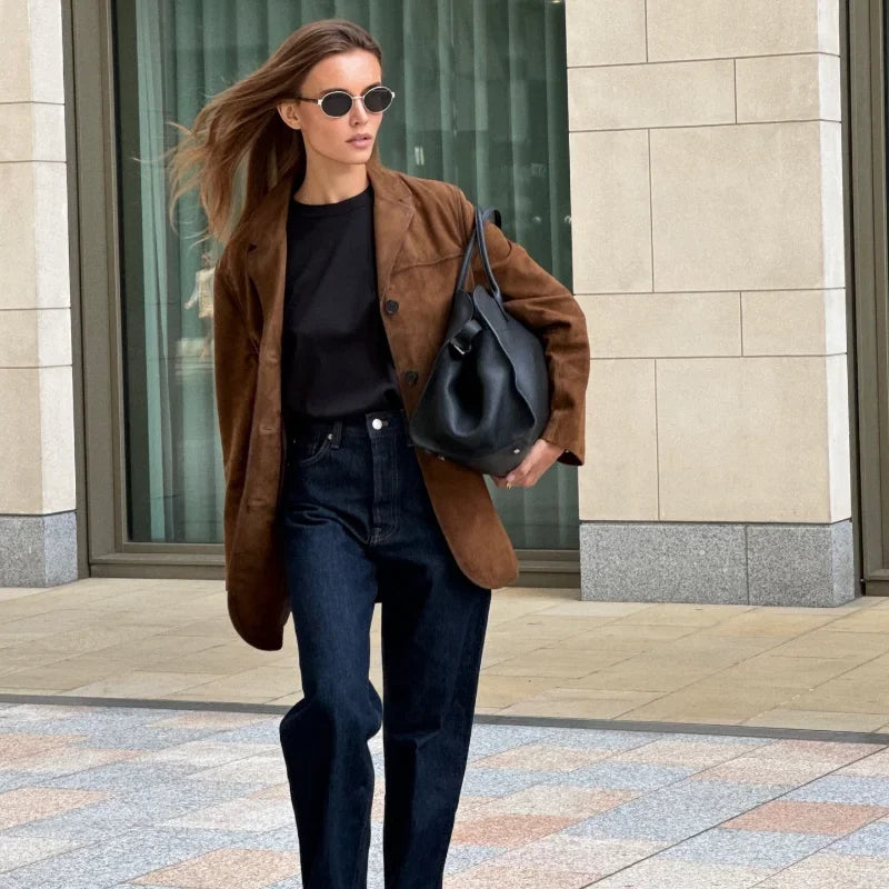 Damen Wildlederjacke mit Reverskragen | Langarm Jacke mit Seitentaschen und klassischem Schnitt für Alltag und Freizeit