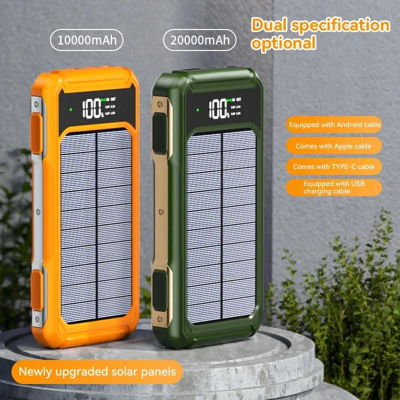 Solar Powerbank | Outdoor-Powerbank mit Solarpanel, integrierten Ladekabeln und LED-Anzeige