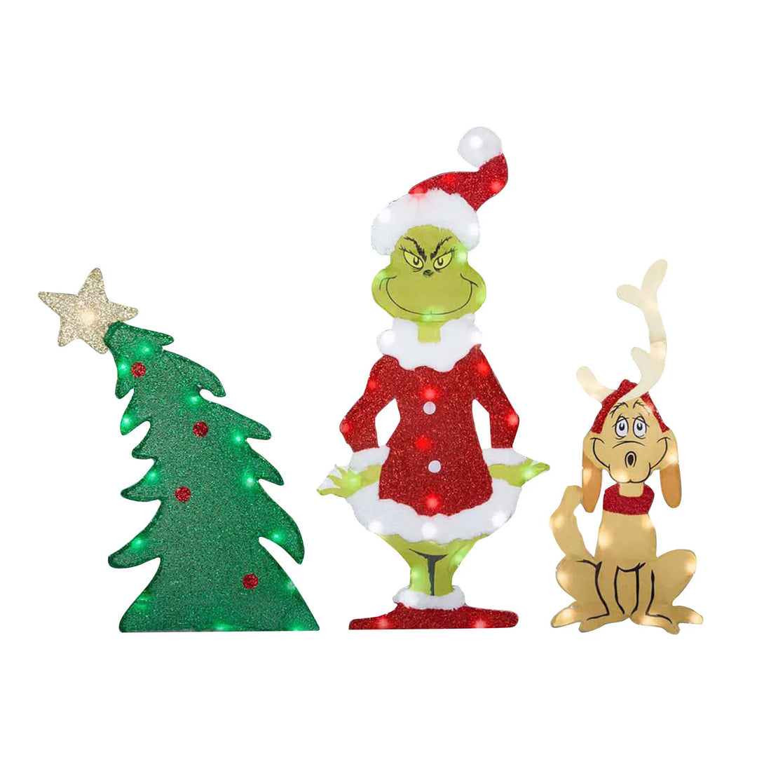 Grinch Weihnachtsdeko mit LED für den Garten | Wetterfeste Weihnachtsfigur mit Erdspießen aus Kunststoff und Stoff