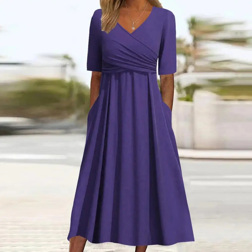 Elegantes Midikleid mit V-Ausschnitt &amp; Falten | Luftiges Damenkleid mit Taschen | Vielseitiges Kleid für Alltag &amp; besondere Anlässe