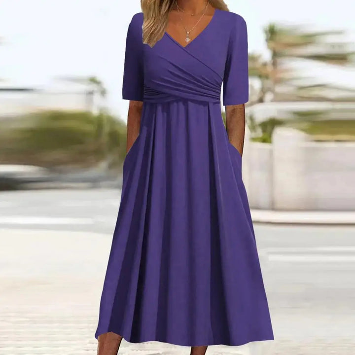 Elegantes Midikleid mit V-Ausschnitt &amp; Falten | Luftiges Damenkleid mit Taschen | Vielseitiges Kleid für Alltag &amp; besondere Anlässe