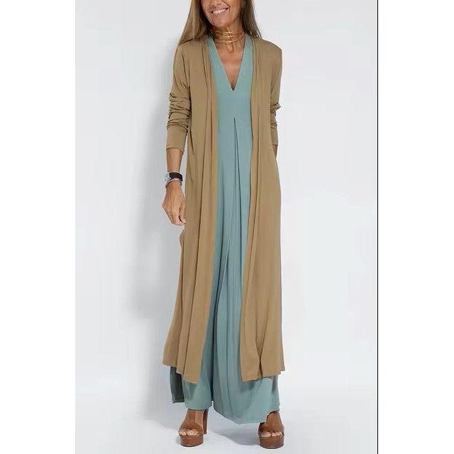 Damen Maxikleid mit V-Ausschnitt &amp; Cardigan | Langärmeliges Kleid für Alltag &amp; besondere Anlässe | Elegant &amp; Bequem