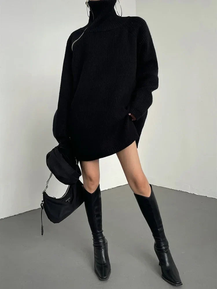 Damen Rollkragenpullover | Grobstrick mit diagonalem Reißverschluss &amp; lockerer Passform für Herbst und Winter