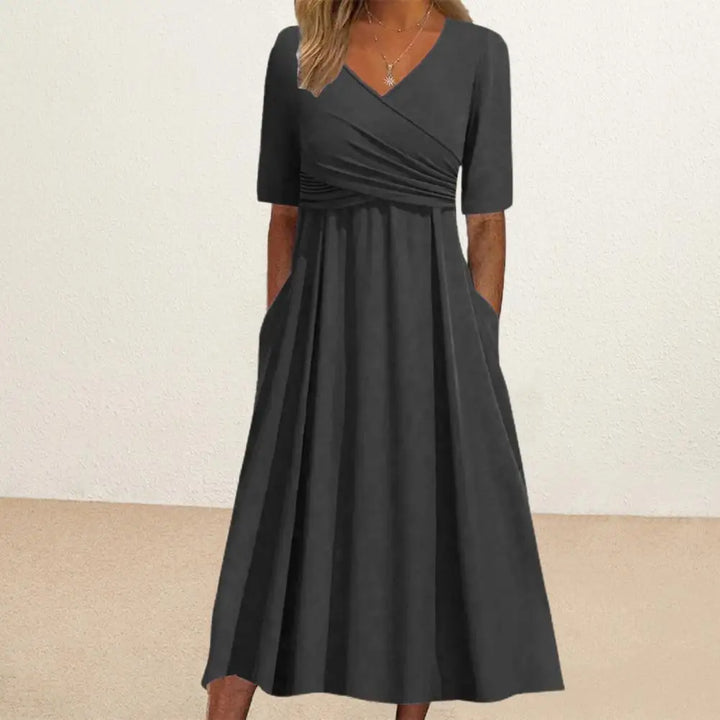 Elegantes Midikleid mit V-Ausschnitt &amp; Falten | Luftiges Damenkleid mit Taschen | Vielseitiges Kleid für Alltag &amp; besondere Anlässe