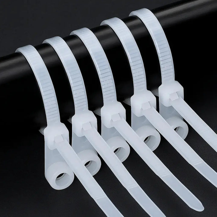 Fascette autobloccanti con foro per vite 200 mm | Nylon, resistente al calore e ignifugo | Forza di trazione fino a 22 kg | 100 pezzi