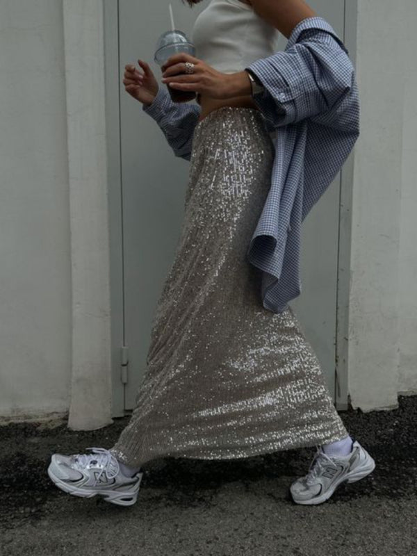 Damen Paillettenrock lang | Glitzernder Maxirock mit Reißverschluss und gerader Passform | Festlicher Rock für Damen