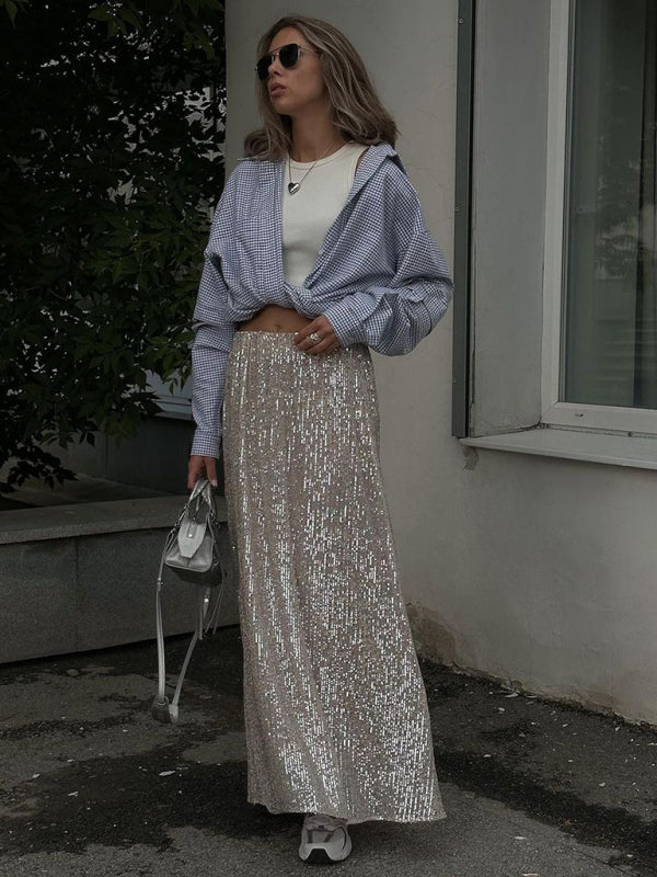Damen Paillettenrock lang | Glitzernder Maxirock mit Reißverschluss und gerader Passform | Festlicher Rock für Damen