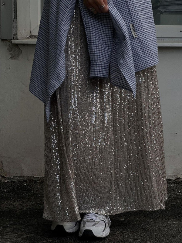 Damen Paillettenrock lang | Glitzernder Maxirock mit Reißverschluss und gerader Passform | Festlicher Rock für Damen