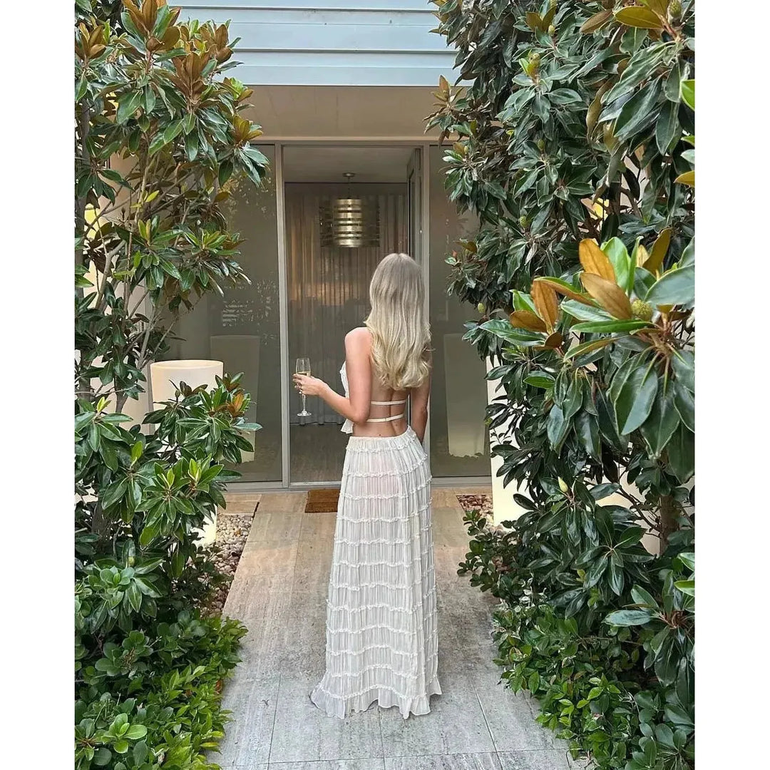 Damen Zweiteiler mit Neckholder Top &amp; Maxirock | Boho Sommer Set mit elastischem Bund | Luftiger Freizeit-Look