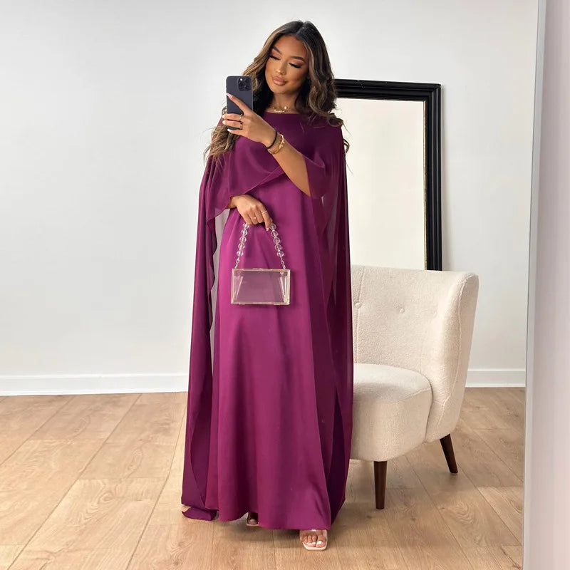 Damen Maxi Kleid aus Satin mit U-Boot-Ausschnitt | Fließendes Abendkleid mit Cape-Ärmeln | Elegante, lockere Passform | Größen S–XXL