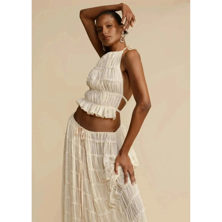 Damen Zweiteiler mit Neckholder Top &amp; Maxirock | Boho Sommer Set mit elastischem Bund | Luftiger Freizeit-Look