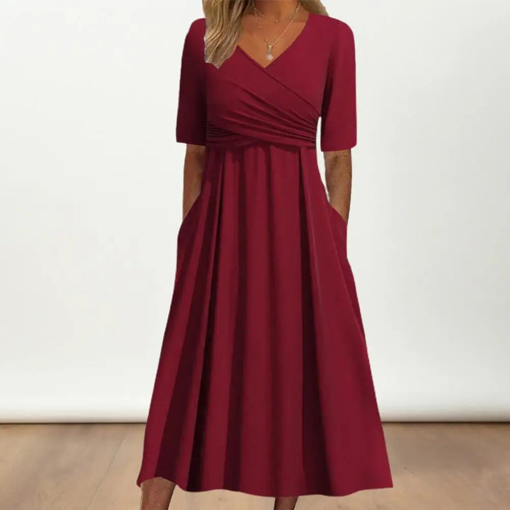 Elegantes Midikleid mit V-Ausschnitt &amp; Falten | Luftiges Damenkleid mit Taschen | Vielseitiges Kleid für Alltag &amp; besondere Anlässe