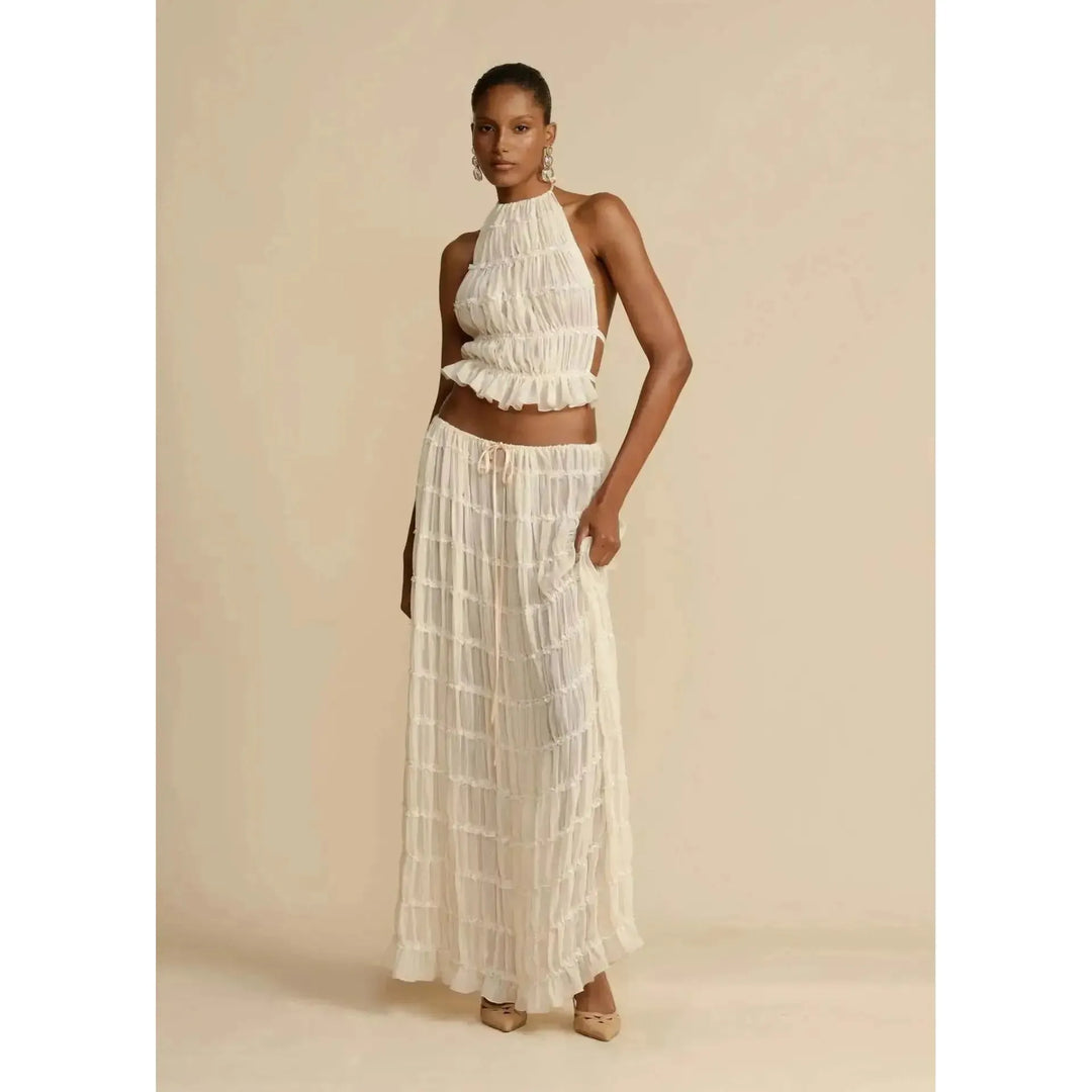 Damen Zweiteiler mit Neckholder Top &amp; Maxirock | Boho Sommer Set mit elastischem Bund | Luftiger Freizeit-Look