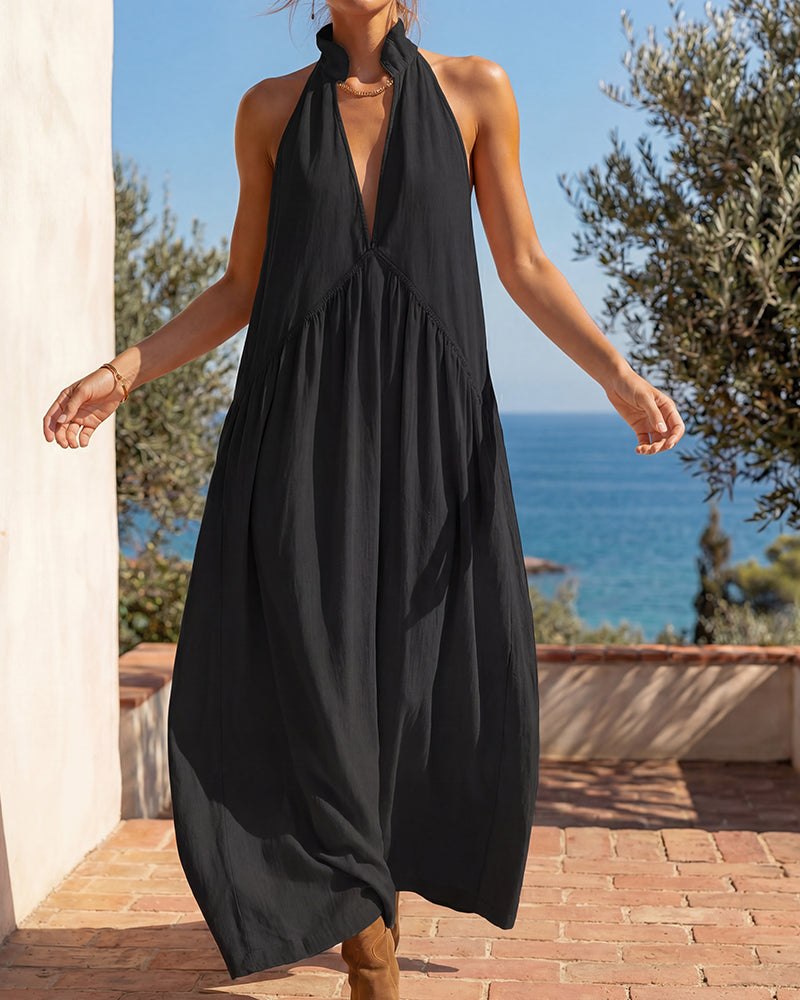 Damen Halterneck Maxikleid mit Taschen | Fließendes Sommerkleid in A-Linie | Luftig &amp; Figurschmeichelnd