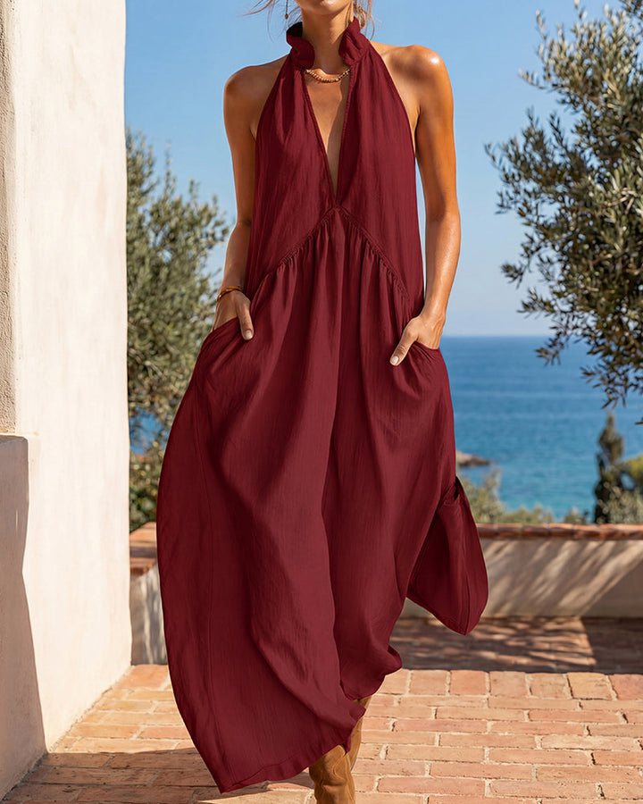 Damen Halterneck Maxikleid mit Taschen | Fließendes Sommerkleid in A-Linie | Luftig &amp; Figurschmeichelnd