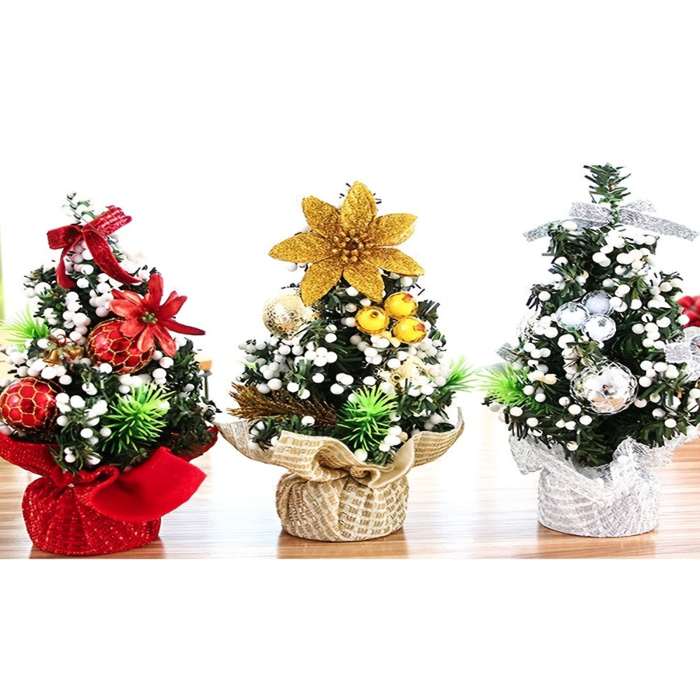 Mini Weihnachtsbaum Set | 3 dekorierte künstliche Tannenbäume mit Schleifen, Beeren und Weihnachtskugeln als festliche Tischdekoration