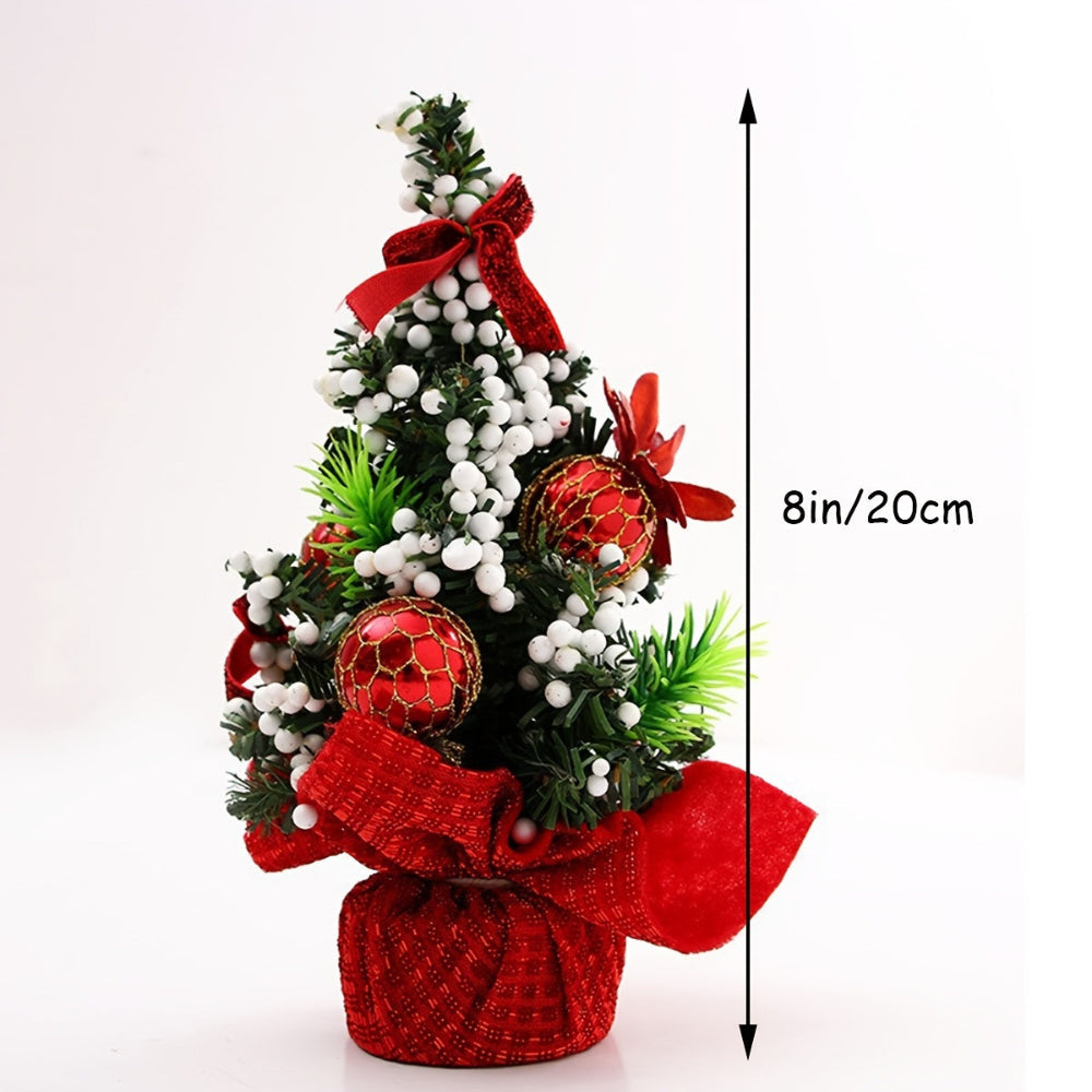 Mini Weihnachtsbaum Set | 3 dekorierte künstliche Tannenbäume mit Schleifen, Beeren und Weihnachtskugeln als festliche Tischdekoration