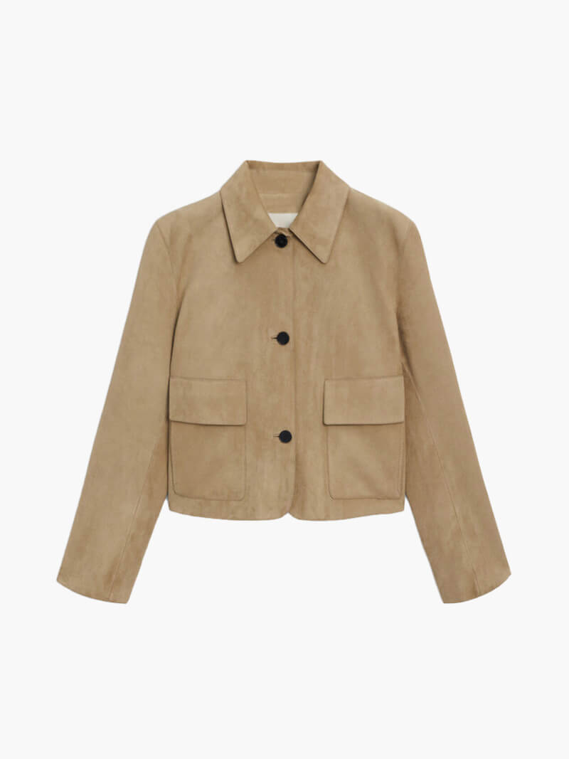 Damen Wildlederjacke Beige kurz | Klassische Kurzjacke mit Kragen, Knopfverschluss und großen Fronttaschen für Frühling und Herbst